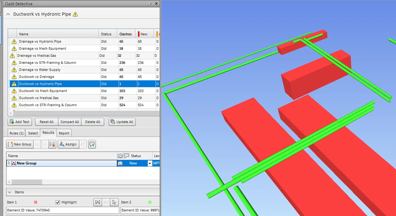 Navisworks Clash Detective report showing ductwork and hydronic pipe clash with 3D model view