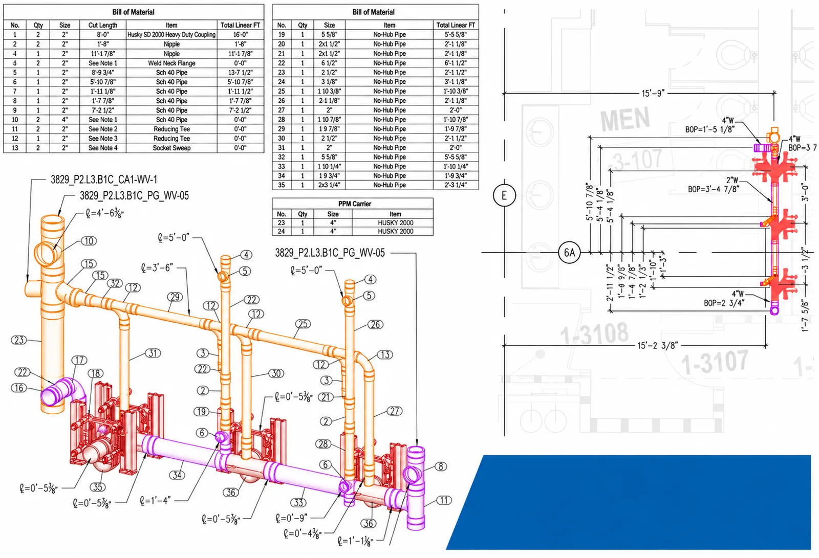 Plumbing spool fabrication drawing with cut list and isometric view