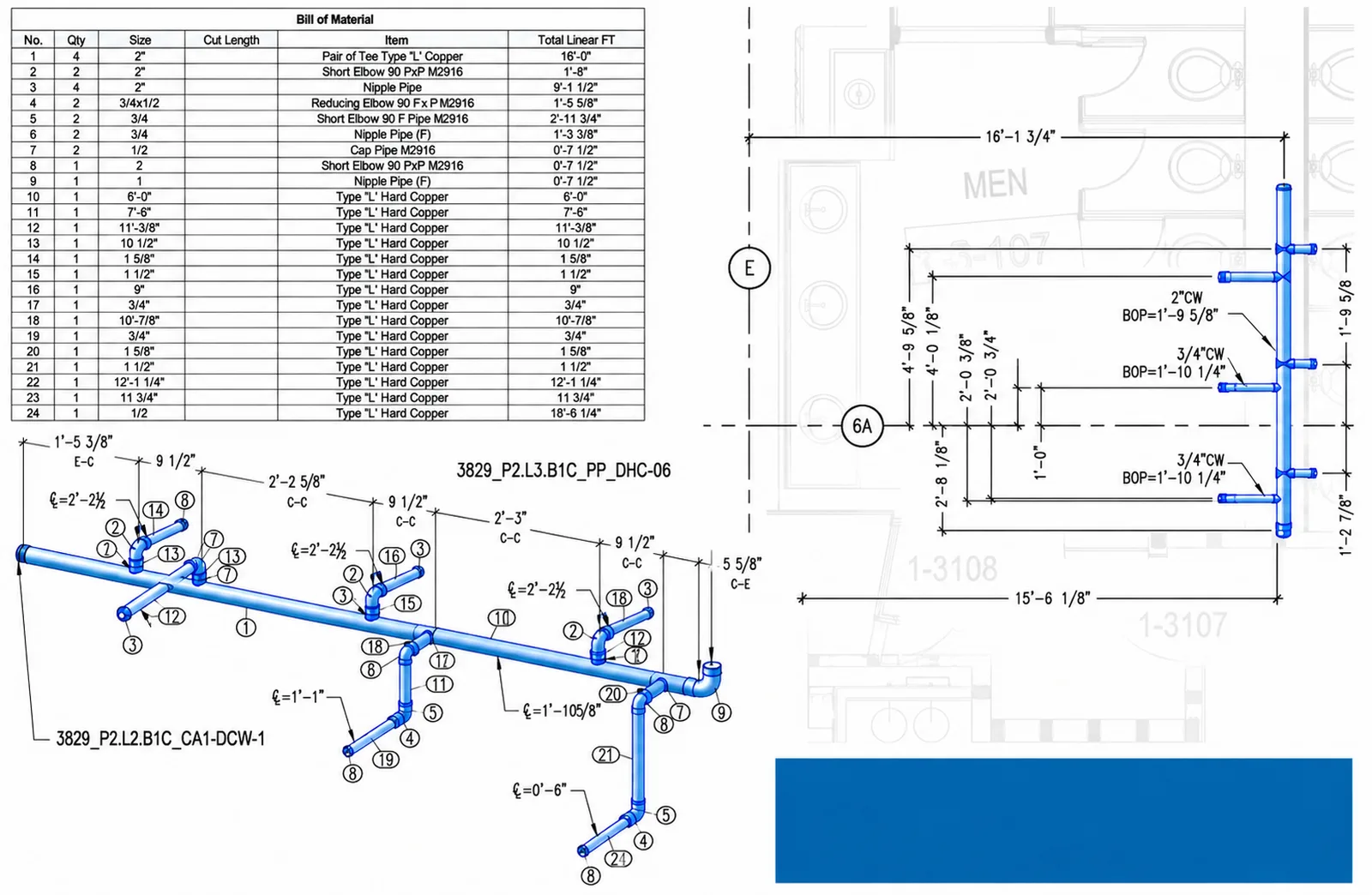 Plumbing spool drawing with bill of materials for prefabrication