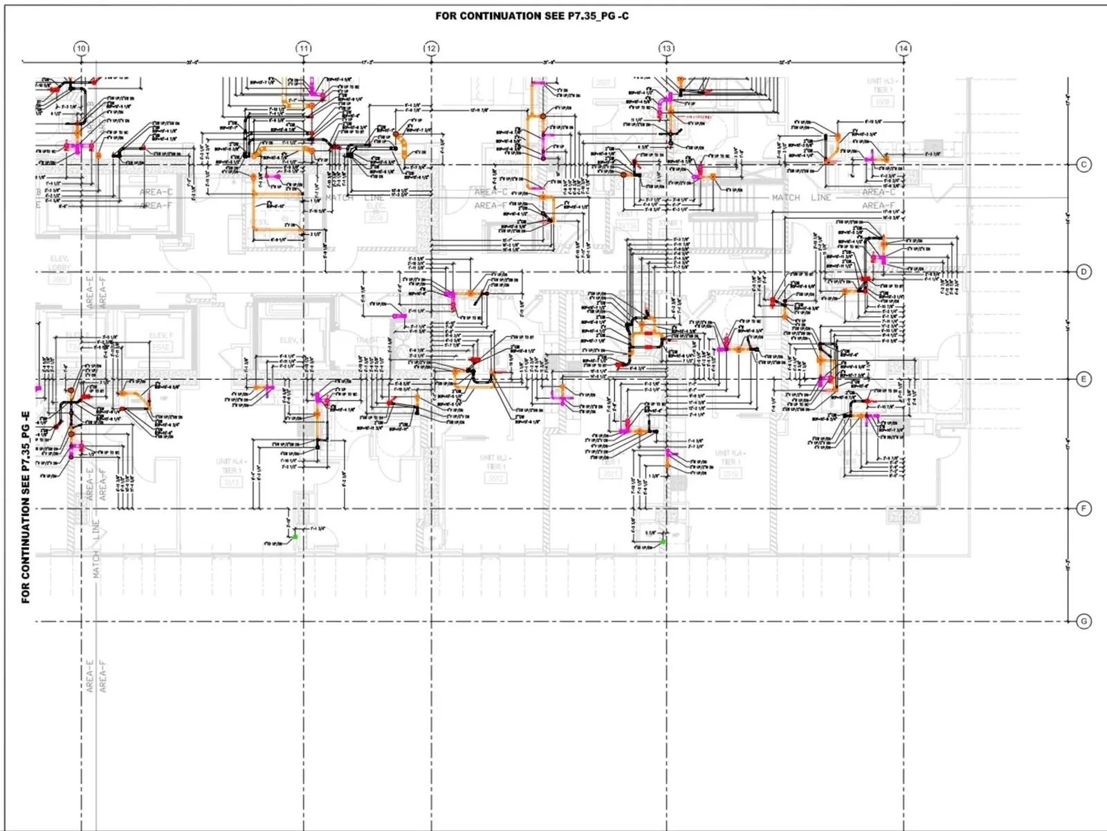 Plumbing shop drawing plan with gravity piping layout and fitting schedule